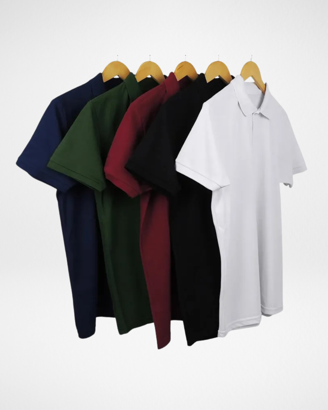 5-pack men’s piqué polo shirts in assorted colors front view; premium short sleeve polo shirts with classic collar and button placket; breathable and textured piqué fabric polos for everyday wear; tailored fit men’s polo shirts in versatile color set; stylish and comfortable cotton blend polos for casual and smart outfits