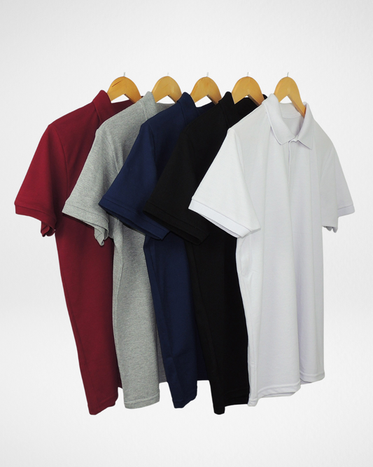 5-pack men’s piqué polo shirts in assorted colors front view; premium short sleeve polo shirts with classic collar and button placket; breathable and textured piqué fabric polos for everyday wear; tailored fit men’s polo shirts in versatile color set; stylish and comfortable cotton blend polos for casual and smart outfits