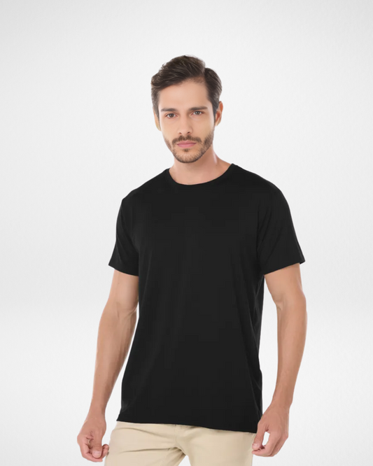 black tech modal t-shirt for men front view; men’s black performance shirt with athletic fit; moisture-wicking and breathable black tee; close-up of soft black tech fabric texture; odor-resistant black activewear shirt for gym and casual use